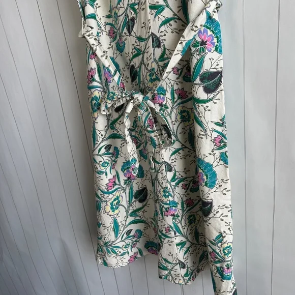 LOFT size L puff sleeve midi dress linen blend beige floral belted split neck - Picture 9 of 16